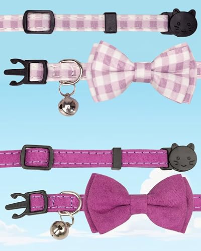 Cat Collar with Bow Tie 2pcs Set Bell Boy Girl Kitten Safety Plaid Grid Checkered Solid Color Suede Velvet Cute Soft Gift [2pcs] Purple - color: Style A-[2pcs] Purple