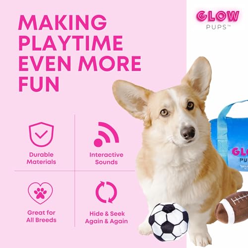 Glow Pups Dog Toy Sports Bag Hide and Seek Interactive Dog Toy with 6 Plush Squeaky Balls, Crinkle 10 Inches Long, Soft Plush, Blue and Yellow Sports Bag with Basketball, Soccer and Football - style: Sports Bag with Basketball, Soccer and Football Plush D