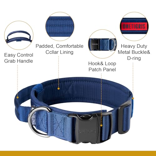 OneTigris Tough Dog Collars, Tactical Dog Collar with Handle, Milltary Adjustable Dog Collar with Heavy Duty Metal Buckle for Training (Large,Blue) - color: Blue, size: L