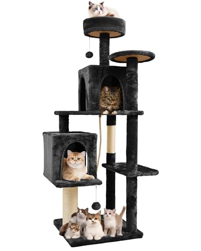 58.5inch Large Cat Tree Tower Condo for Indoor Cats, Soft Plush Multi-Level Climbing Tree Cat House, Scratching Post, More Entrance/Exit, Sisal Rope, Black - color: Black