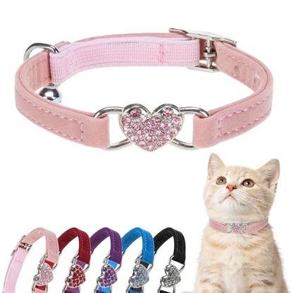 BINGPET Diamond Cat Collar,Adjustable Soft Velvet Leather Safe Kitten Collar with Crystal Heart Charm and Bells,Girl Boy Bling Stylish Cat Collars with Safety Elastic (Pink, Neck Girth 6"-8") - color: Pink(Heart), size: Neck Girth 6"-8"