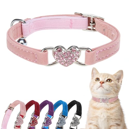 BINGPET Diamond Cat Collar,Adjustable Soft Velvet Leather Safe Kitten Collar with Crystal Heart Charm and Bells,Girl Boy Bling Stylish Cat Collars with Safety Elastic (Pink, Neck Girth 8"-10") - color: Pink(Heart), size: Neck Girth 8"-10"