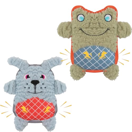 Crinkle Dog Toys Squeaky Plush No Stuffing Cute Puppy Stuffless Tough Rop Pull Toy, Fun Dog Stuffed Animals Durable Chew Set for Small Medium Large Pup (Large, Green Frog+Blue Dog)