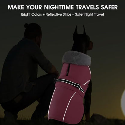 Dog Coat Large, Windproof Dog Jacket with Warm Fleece Lining, Thickened Collar Dogs Winter Coat, Adjustable Reflective Pet Coats for Cold Weather (Pink, X-Large) - color: Pink, size: X-Large