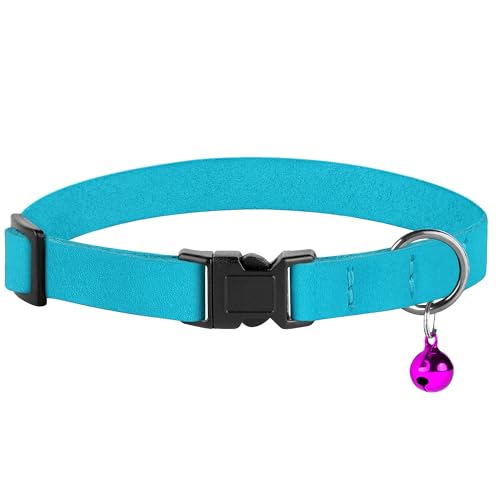 Breakaway Cat Collar Leather with Removable Bell - 13 Colors Available - Soft Adjustable Girl Boy Safety Lightweight Pet Kitten Collars Pink Brown Blue Green Red Orange Black (Aquamarine) - color: Aquamarine