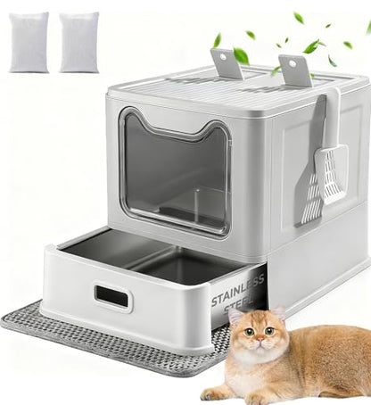 Stainless Steel Cat Litter Box with Lid and Drawer, Enclosed XXL Litter Box for Large Cats Includes Litter Mat & Scoop - size: enclosed