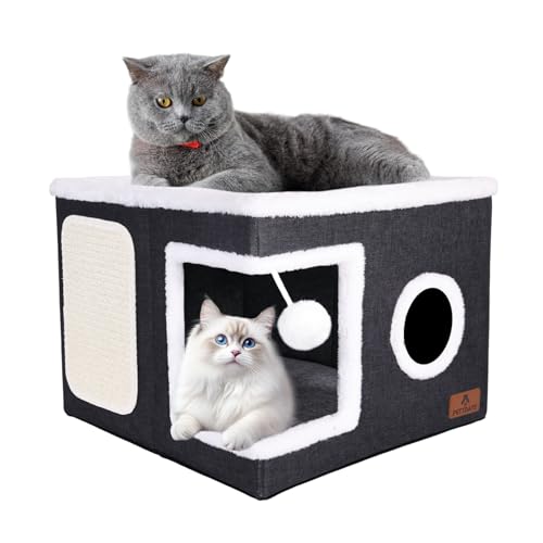 Cat Beds for Indoor Cats, Large Cat Cave Bed with Scratch Pad and Fluffy Ball, Foldable Cat Hideaway, Cat House with Reversible Cushion for Multi Small Pet Up to 30LBS, Dark Grey - color: Dark Grey, size: Single