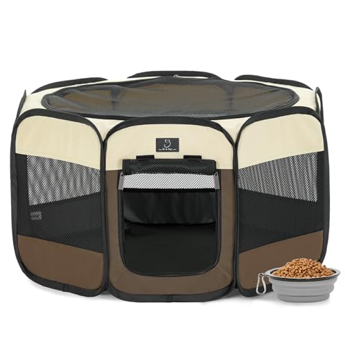 Dog Playpen for Small Dogs & Puppies, 29.92" Portable Indoor Outdoor Puppy Playpen with Bowl, Waterproof Floor, Foldable Pop-Up Pet Pen for Home, Travel & Daily Use, Brown+Beige - color: Brown+Beige, size: S(29.92"x29.92"x16.5")