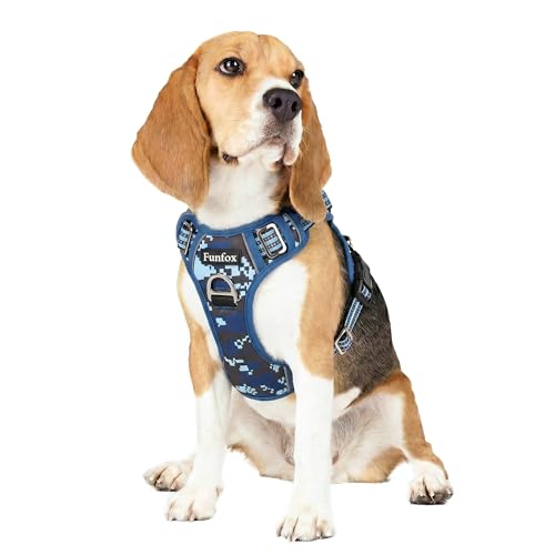Funfox Dog Harness No Pull, Adjustable Pet Vest Harness, Super Soft Material with Vertical Handle Easy Control, Reflective Night Walking, 2 Leash Clips for Medium Sized Dogs, Mosaic Blue, M - color: Mosaic Blue, size: Medium
