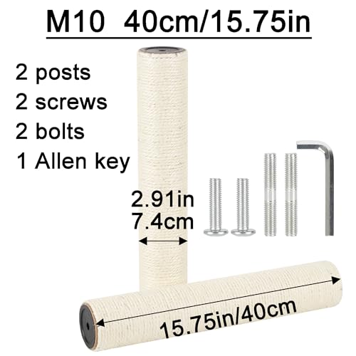 7.4cm 2.91in Diameter Cat Tree Scratching Post Replacement Sisal Pole Parts for Cat Tower (M10, 15.75in/40cm) - color: 15.75in/40cm, size: M10*2posts