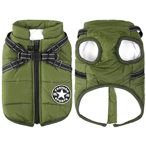 Dog Jackets for Winter Windproof Waterproof 2 in 1 Outfit Cold Weather Coat Dog Vest Harness Puppy Winter Warm Jacket Green M - color: ArmyGreen, size: Medium