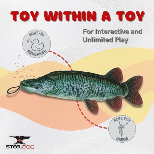 Steel Dog Muskie Realistic Fish Squeaker Dog and Cat Toy, Knotted Rope Fish Toy, No Stuffing Dog Chew Toys for Small, Medium, Large Breed - style: Muskie
