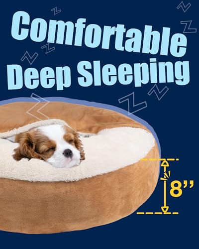 Pet Soft Small Dog Bed Cat Bed with Cover Cave - Round Calming Dog Beds Washable Cuddler Puppy Beds for Small, Medium Dogs and Cats (Khaki, 24") - color: Khaki, size: Small (24"x24"x8")