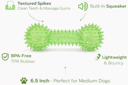 Squeaky Spiky Dog Barbell Toy for Teeth Cleaning & Gum Massage 6.3 Inch Medium Large Dogs Green | Spiny TPR Rubber Chew Toy for Fetch Play Interactive Dental Barbell Durable BPA Free Nontoxic Floats - size: Green Bone 1-Pack