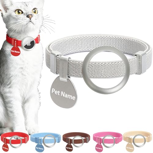 Minimalist Stretch Lightweight Custom Engraved Airtag Cat Collar with Apple Air Tag Holder and Name ID Tag Personalized Cat Collars for Kitten Boy & Girl Cats (White,with Apple Airtag Holder + ID Tag) - color: Silver White, size: Collar With Apple Airtag