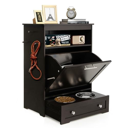 Dog Food Cabinet Feeding Station with 2 Raised Bowls, Pull Out Elevated Dog Bowl, Storage, 3 Hangers, Pet Feeder Toy Leashes Organizer, Brown - color: Brown