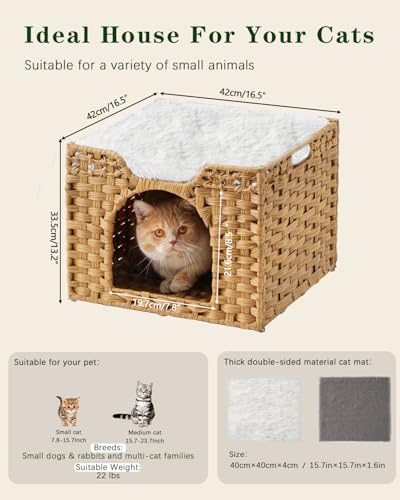 SETVSON Cat Beds Indoor Kitten House, Handwoven Rattan Cat Cave Pet Cube, Large Cat Houses, One Bed Mat, Foldable, Hideaway, 16.5x16.5x13.2 Inches, 2 S-Shaped Hooks in Living Room Bedroom Natural - color: Natural, size: Rectangle-M