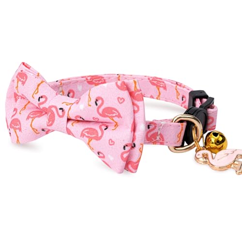 2 Pack Cotton Cat Collar with Bow Tie and Bell for Girl Boy Cats,Cute Pink Flamingo and Blue Whale Pattern Spring Summer Breakaway Cat Collar for Male Female Cats (Flamingo&Whale) - color: Flamingo&Whale