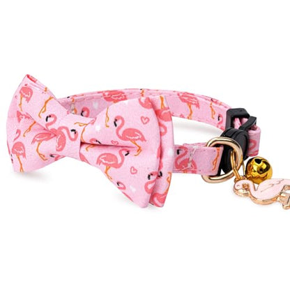 2 Pack Cotton Cat Collar with Bow Tie and Bell for Girl Boy Cats,Cute Pink Flamingo and Blue Whale Pattern Spring Summer Breakaway Cat Collar for Male Female Cats (Flamingo&Whale) - color: Flamingo&Whale