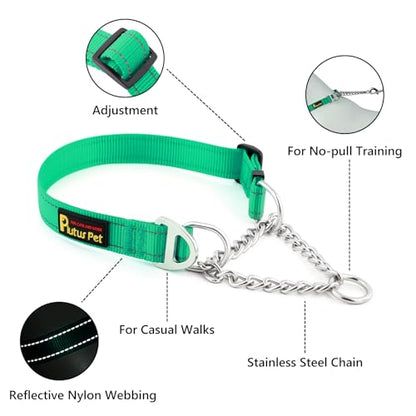 Plutus Pet Martingale Dog Collar with Stainless Steel Chain and Reflective Nylon, Adjustable No Pull Training Collar, for Small Medium, and Large Dogs, Green, S - color: Green, size: Small