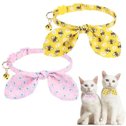 KOOLTAIL Summer Cat Collar Breakaway with Bowtie and Bells, 2 Pack Cute Kitten Collars, Butterfly & Bee Design with Safety Buckle Adjustable for Small Large Cats Boys & Girls - color: Butterfly & Bee