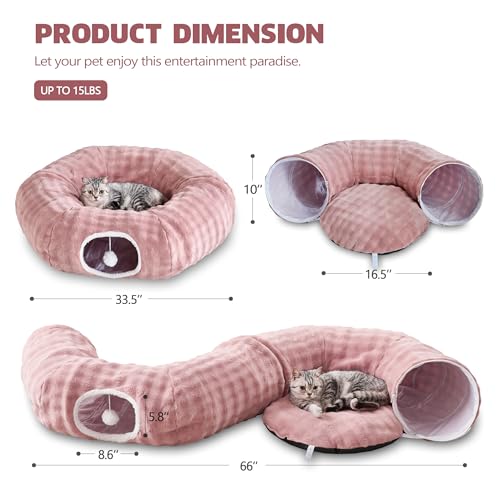 Bubble Cat Tunnel for Indoor Cats, Round Peekaboo Cave Toy with Dangling Balls, Donut Tunnel Bed with Circle Mat for Puppy Kitten Rabbit, Dusty Pink - color: Dusty Pink