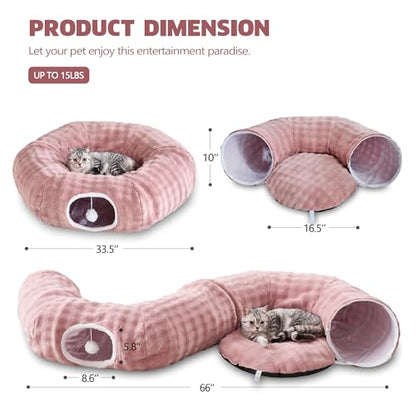 Bubble Cat Tunnel for Indoor Cats, Round Peekaboo Cave Toy with Dangling Balls, Donut Tunnel Bed with Circle Mat for Puppy Kitten Rabbit, Dusty Pink - color: Dusty Pink