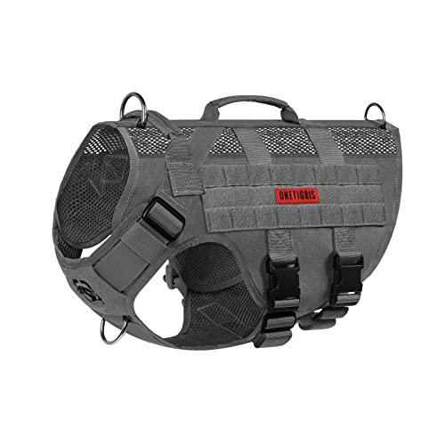 OneTigris Tactical Dog Harness for Medium Dogs No Pull Breathable Military Dog Molle Vests with Handles, Service Dogs Vest Harness for Walking Hiking Training - color: Grey, size: M