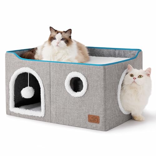 Bedsure Large Cat Beds for Indoor Cats - Extra Wide Cat Cube House for Small Pet with Fluffy Ball Hanging and Scratch Pad, Foldable Pet Cave Hideaway for Multiple Cats, 23.6x16.9x13 inches, Grey - color: Grey, size: Widen