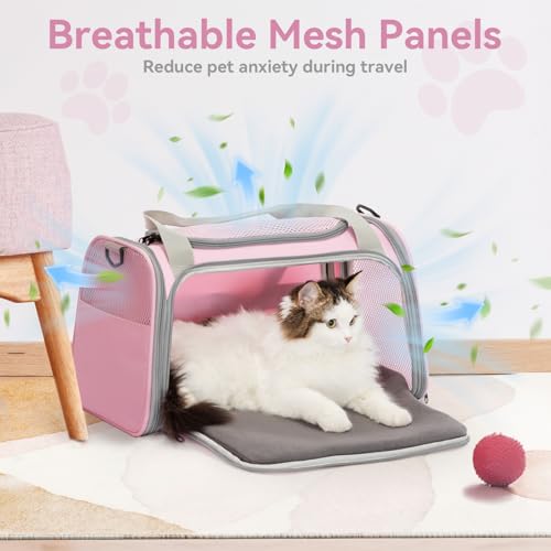Airline Approved Cat Carrier 17.5×10.5×10.5 in, Escape-Proof Design with Locking Zippers & Safety Leash, Easy-Access 3-Way Entry, Washable Mat, Gift-Ready Holiday Choice for Cats up to 12 lb - color: Pink, size: Medium