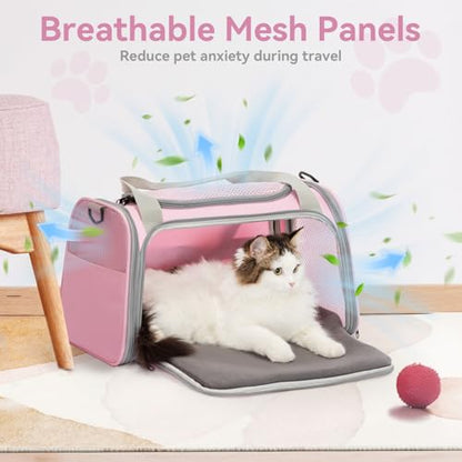 Airline Approved Cat Carrier 17.5×10.5×10.5 in, Escape-Proof Design with Locking Zippers & Safety Leash, Easy-Access 3-Way Entry, Washable Mat, Gift-Ready Holiday Choice for Cats up to 12 lb - color: Pink, size: Medium