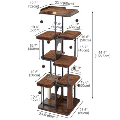 FourFurPets Extra Large Cat Tree, 66.4" XXL Cat Tower for Indoor Cats Large Adult 20lb+, Modern Cat Tree Tower with Scratching Post, Multi-Level Cat Condo, Big Perches, Rustic Brown