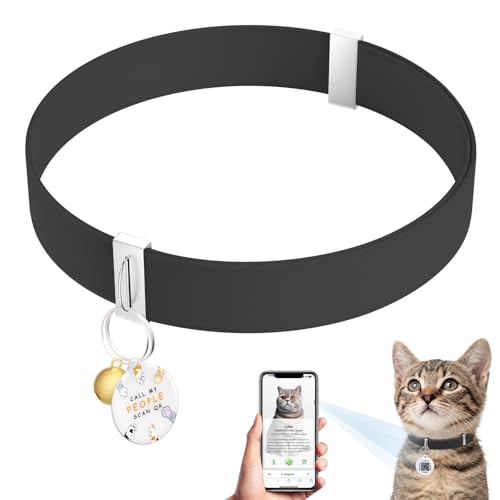 Cat Collar with QR Code Name Tag, Stretch Elastic Quick Release, Cat ID Tag Personalized, Ultra-Durable, Non Breakaway Lightweight Kitten Collar Fits Most Girl Boy Small Large Cats (Black) - color: Black