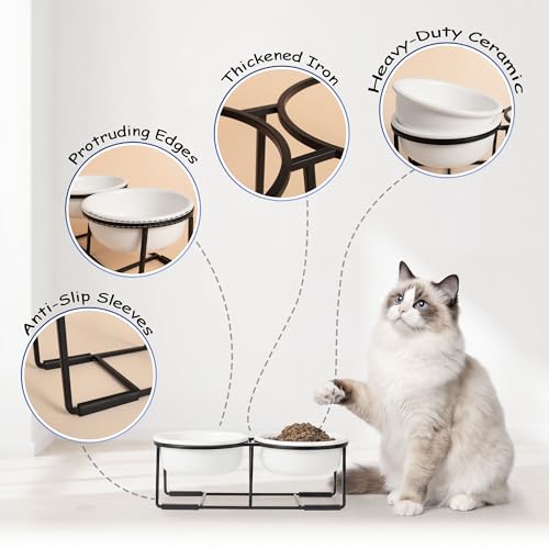 Ceramic Elevated Dog Bowl Set - Double Dog Food and Water Bowls with Metal Stand - Raised Pet Dishes for Puppies and Cats - 2 Cups - 12.5 fl oz - Matte White - color: Matte White, size: S-200ml