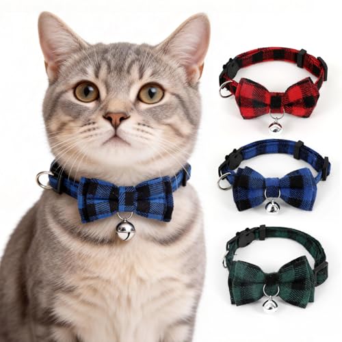 Plaid Breakaway Cat Collar with Bell & Removable Bow Tie – Cotton Kitten Collar with Bells for Boy Cats or Small Dogs. Adjustable Size 7.5-12.2in (1, Navy) - color: Navy