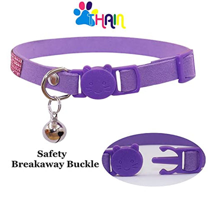 THAIN Bling cat Kitten Collar Rainbow Rhinestone Breakaway Diamond with Bell Soft Velvet Quick Release (Purple) - color: Purple