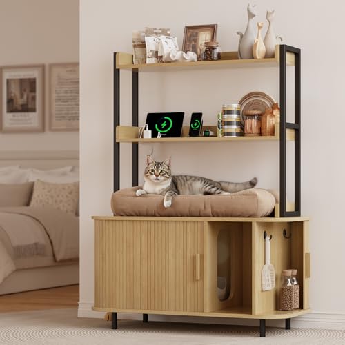 ONBRILL 54 Inch Hidden Litter Box Furniture with Shelves and Outlets,Fluted Cat Litter Box Enclosure, Mid-Century Modern Wooden Cat House with Sliding Tambour Door and Hooks, Oak - color: Oak