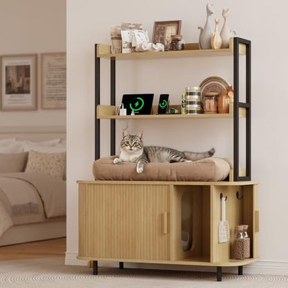 ONBRILL 54 Inch Hidden Litter Box Furniture with Shelves and Outlets,Fluted Cat Litter Box Enclosure, Mid-Century Modern Wooden Cat House with Sliding Tambour Door and Hooks, Oak - color: Oak
