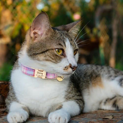 Personalized Plaid Cat Collar with Bell - Non-Breakaway Custom Polyester Kitten Collar with Engraved Name & Phone Number (Pattern 07, S (6.5-10.5 Inches)) - color: Pattern 07, size: S (6.5-10.5 Inches)