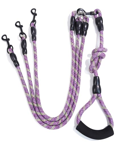 3 Dog Leash - Padded Handle, 360° Swivel Multiple Dog Leash No Tangle, Lead for Medium Large Dogs, Walking & Training Double Dogs (Purple Green) - color: Purple Green