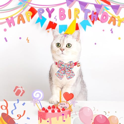 SCENEREAL Birthday Cat Collar with Bell & Stylish Bowtie, Breakaway Cat Collars Accessories for Boy Girl Small Cats, Holiday Kitten Gifts Costumes for Female Male Pets Puppy - color: Stylish Bow (Birthday Theme)