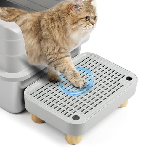 Cat Litter Box Step Ramp, Cat Litter Catcher Mat with Wooden Feet, Filter Function, Pedal Stool for Self-Cleaning Litter Box, Ideal for Kitten & Elderly Cats(Light Grey) - color: Light Grey with Base