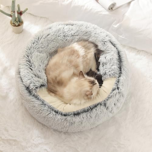 Calming Cat Cave Bed with Hooded Cover, Short-Haired Plush Washable Bed with Non-Slip Bottom, Comfortable and Cozy Round Bed for Small and Medium Cats, Anti-Anxiety Pet Bed(40cm/15.7inches, Gray)