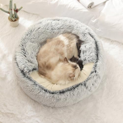Calming Cat Cave Bed with Hooded Cover, Short-Haired Plush Washable Bed with Non-Slip Bottom, Comfortable and Cozy Round Bed for Small and Medium Cats, Anti-Anxiety Pet Bed(40cm/15.7inches, Gray)