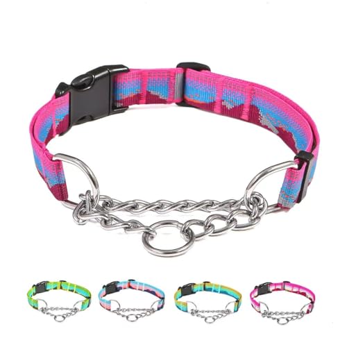 Martingale Dog Collars with Stainless Steel Chain, Reflective No Pull Walking Training Collar with Quick Release Buckle, Adjustable Slip Chain Nylon Dog Collars for Small Medium Large Dogs - color: Red and blue, size: Large