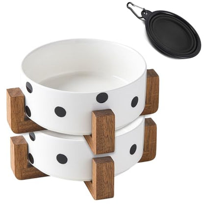 Petygooing Ceramic Dog Bowl Set with Stand, Small Pet Bowls, Anti-Slip Cat & Dog Food and Water Bowl Set (13.5OZ/5.1 in) Black Dot - color: Black Dot, size: Puppy/Small Size Dogs & Cat Bowls 400ML*2