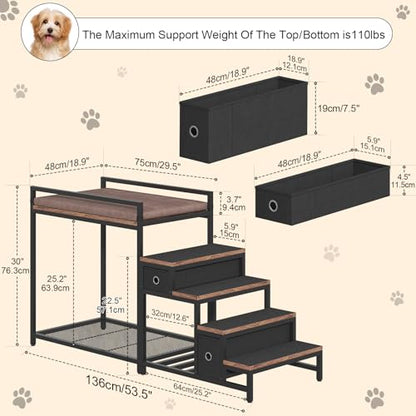 Saudism Pet Bunk Bed with Removable Stairs and 2 Drawers, Dogs/Cats Window Perch, Dog Window Seat with Soft Cushion, Ultra-Shallow Steps, Sturdy Metal Frame, Non-Slip, Load Capacity 60 LBS, Brown - color: Brown+Black