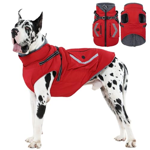FUAMEY Dog Winter Coat Waterproof, Warm Fleece Lined Jacket for Dogs, Extra Large Goggie Vest with Harness Built in, Pet Cold Weather Coats Doggy Outfits Back Zipper, Border Collie (Red, 2XL) - color: Red, size: XX-Large
