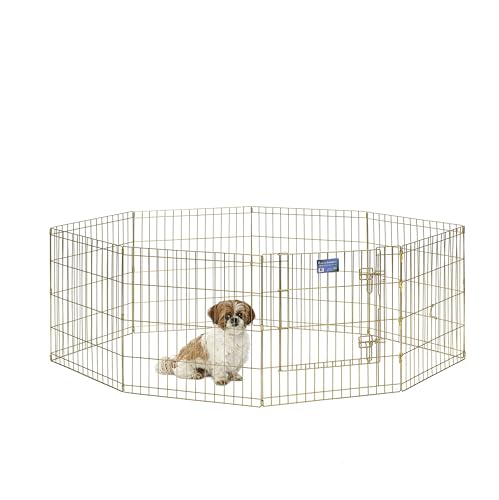 MidWest Homes for Pets 24-Inch Exercise Pen, for Indoor and Outdoor Use, 16 Sq Feet of Play, Single Door Folding Dog Pen, with Large Door Opening & Secure Latch, Easy to Set Up, Foldable Dog Playpen - color: Gold Zinc w/ Door, size: 24" H