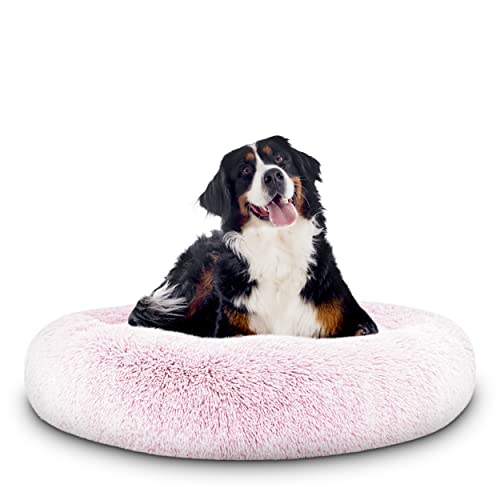The Dog’s Bed Calming Donut Dog Bed, Plush Faux Fur Round Cuddler Nest – CertiPUR-Certified Foam, Removable Washable Zip Cover – XL (45"), Pink - color: Rose Pink Fur, size: XL (45")